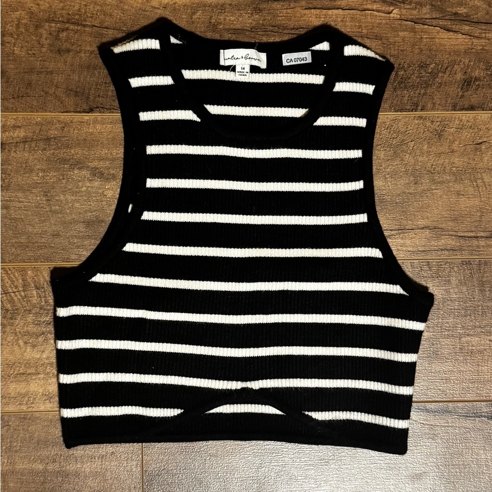 Striped Ribbed Crop Tank Top — Black & White